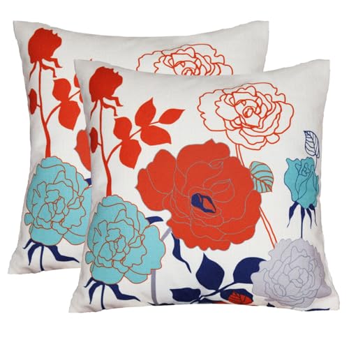 sykting Burnt Orange Floral Pillow Covers 18x18 Set of 2 Thick Cotton Linen Spring Summer Throw Pillow Covers for Couch Be...