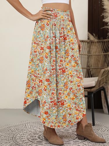 ANRABESS Women's Maxi Skirts Summer Boho Floral High Waisted Flowy Swing Pleated Beach Long Skirt with Pockets