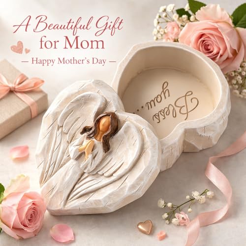 Hodao Angel Jewelry Box - Mothers Day Gifts for Mom Grandma, Heart Shaped Sculpted Keepsake Box with Guardian Angel Figuri...