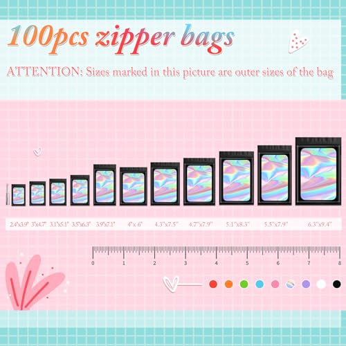 Funfery 100 pcs Black Mylar Holographic Bags Packaging Bags,Clear Resealable Bag Foil Pouch Bag for Food Storage and Lipgl...