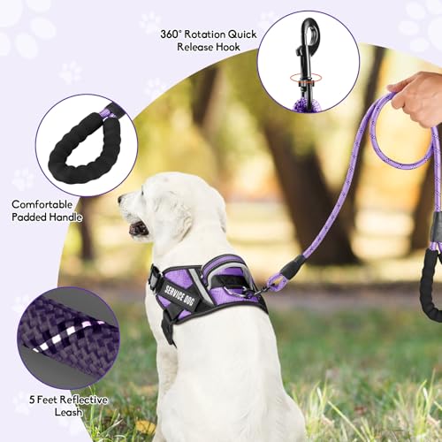 Animire Service Dog Harness and Leash Set, XS, Purple, with 10 Patches, Reflective, for Small Dogs