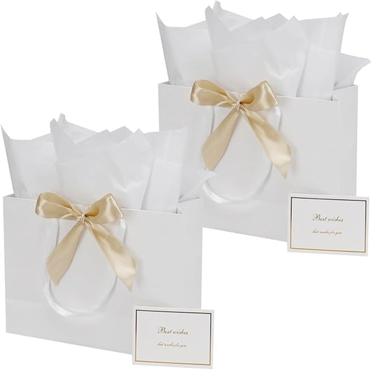 Papertide 2 Pack 13x5x10 Inch Large White Gift Bag Set with Tissue Paper, Greeting Card & Ribbon, Big Gift Wrapping Kits f...