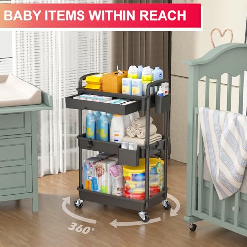 Goovilla 3 Tier Rolling Utility Cart Organizer with Removable Drawer, Stable and Sturdy Black Rolling Storage Carts with 2...