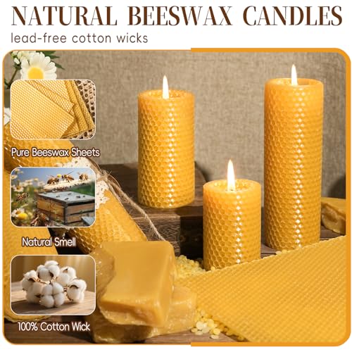 Pure Beeswax Pillar Candles,3 Pack Hand-Rolled Natural Beeswax Candles(1.77x3in,2x4in,2x6in) 60 Hours Burning Unscented Be...