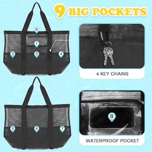 Showvigor Mesh Beach Bag - Large Beach Tote with Zipper Pocket for Family Pool Bag for Toys Vacation Essentials
