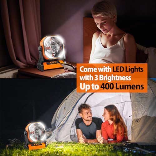 20000mAh Battery Powered Camping Fan, 58Hrs Rechargeable Portable Fan, 400LM Light, 360° Hook, Whisper Quiet Battery Opera...