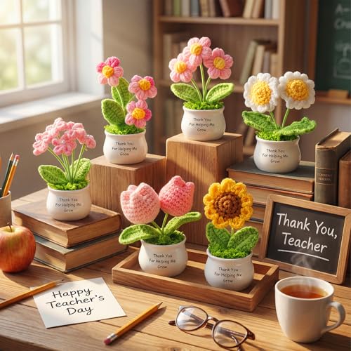 Ferrochef 6 Pcs Teacher Appreciation Gifts Crochet Flowers Bulk Thank You for Helping Me Grow Crochet Flower Handmade Appr...
