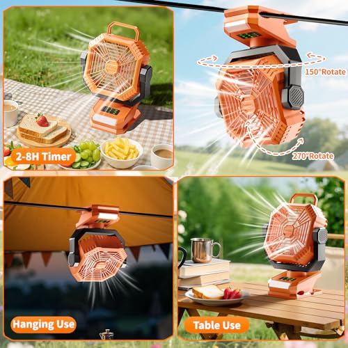 xeamun Portable Camping Fan with LED Lantern, 360°Rotation and Clip on for Desk, 8000mAh USB Rechargeable Battery Powered,...