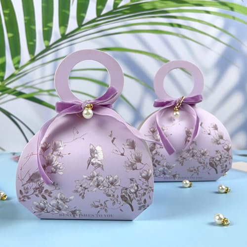 20 PCS Small Gift Boxes, Flower & Bird Party Favor Boxes Goodie Bags with Handle, Velvet Bow, Pearl Pendant for Wedding An...