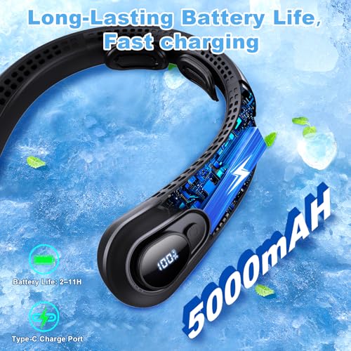 FYALLASO Portable Neck Fan Rechargeable - [with LED Display] 5 Speeds, 5000mAh Battery Operated Wearable Personal Cooling ...