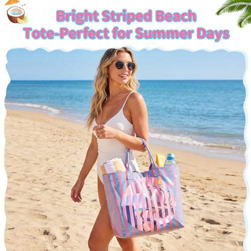Aliceset Stylish Large Striped Tote Bag for Women Waterproof Beach Bag with Top Handles for Travel Gym Work Grocery
