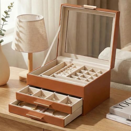 Vandozis Jewelry Box Organizer with Glass Lid, 3-Layer with Double Drawers, Luxury Velvet Lined Desktop Display Case for E...