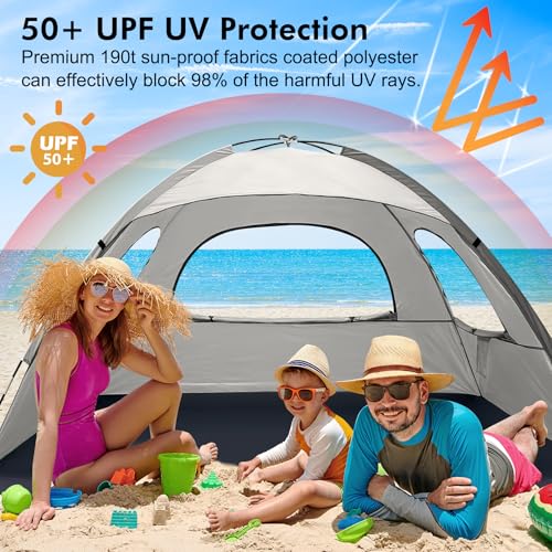 WhiteFang Beach Tent Anti-UV Portable Sun Shade Shelter for 3/4/6/8 Person, Extendable Floor with 3 Ventilating Mesh Windo...