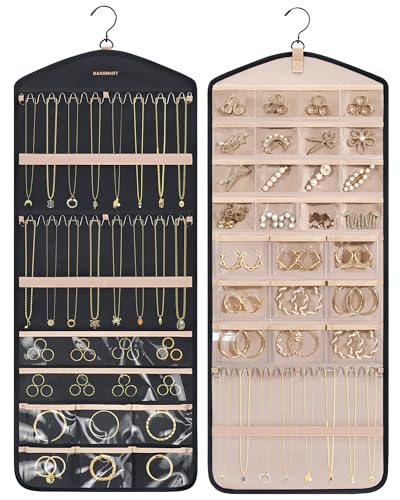 BAGSMART Hanging Jewelry Organizer with Hanger Metal Hooks Double-Sided Jewelry Holder for Organizing Earrings Necklaces R...