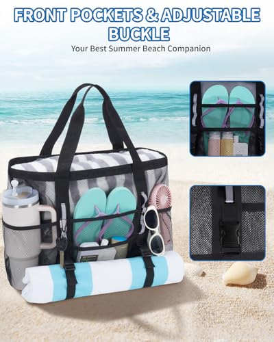 WANDF Mesh Beach Bag for Women, Large Beach Tote Bags with 40oz Tumbler Side Pockets, Family Pool Bag for Swim Toys Towels...
