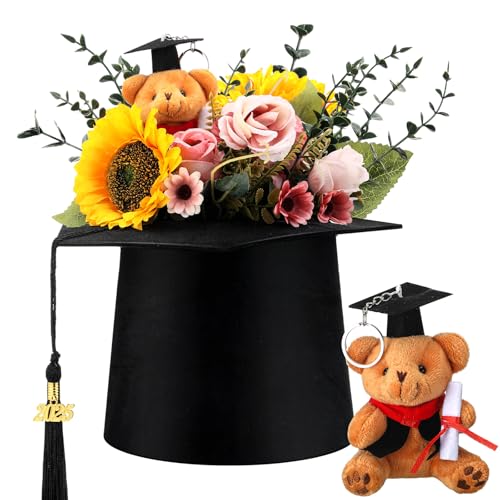 Hoteam Black Graduation Flower Bouquet Grad Centerpiece Graduation Cap Flower Boxes Mini Plush Bear with Grad Hat Floral A...