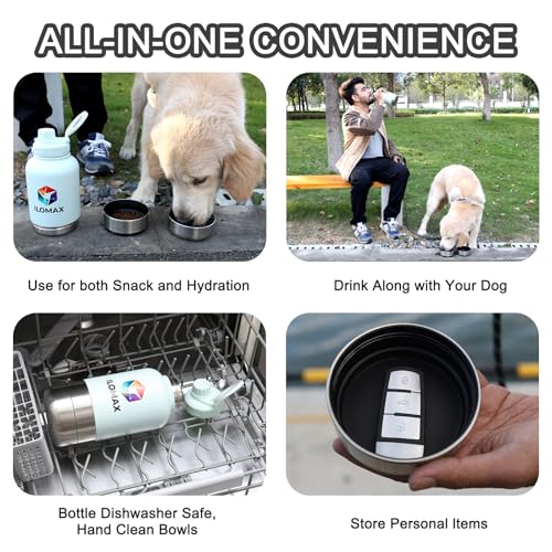 ILOMAX 3-in-1 Stainless Steel Dog Travel Water Bottle with Food & Water Bowls, Leak-Proof & Insulated, Extra Magnetic Lid,...