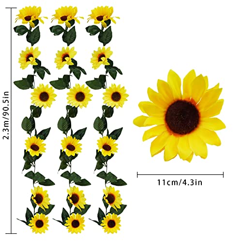 Uieke 3 Pack Artificial Sunflower Garland, 7.5ft/Strand Silk Sunflowers Hanging Vines Flowers with Green Leaves for Room K...