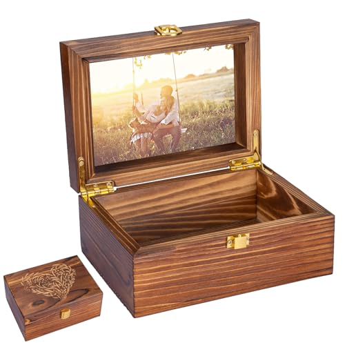 Small Wooden Memory Keepsake Boxes With Hinged Lids and a photo frame inside the lid - Decorative Storage Box With a Hinge...