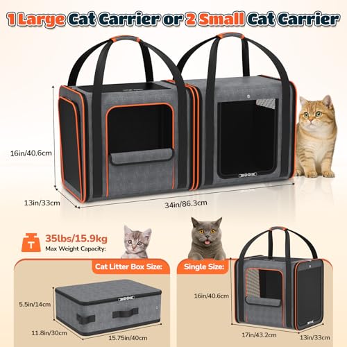 Cat Carrier Bag Large for Travel: 2-in-1 Cat Carrier Soft with Litter Box 34x13x16in Secure The Car Seat for 2 Cats Travel...