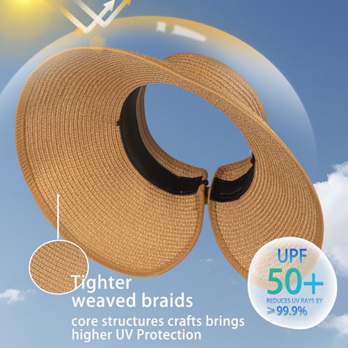 Women's Sun Visor Hats Wide Brim Straw Beach Hat Ponytail Hats for Women Foldable Floppy