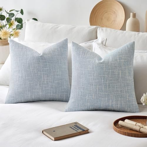 MIULEE Burlap Linen Spring Throw Pillow Covers 18x18 Inch Set of 2 Coastal Light Blue Farmhouse Decorative Pillows Modern ...