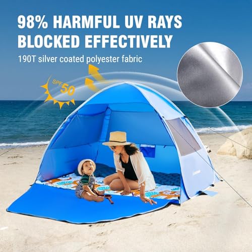 EchoSmile Pop Up Beach Tent for 4 Person Family, UPF 50+ Sun Shelter & Waterproof Beach Shade, Automatic Easy Setup Portab...