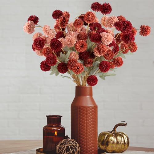 Hananona 12 Pcs Artificial Chrysanthemum Flowers, Orange Kiku Pom Pom Mums Flower Faux Fall Floral for Autumn Halloween Ki...