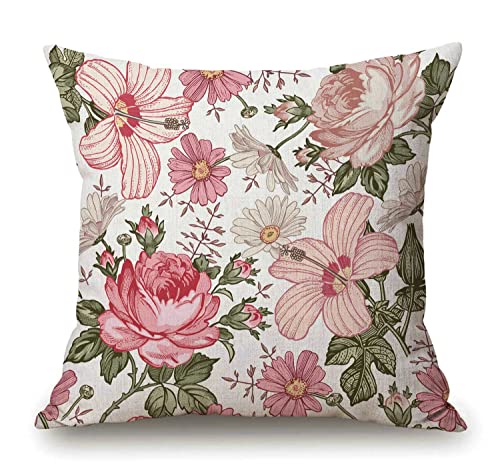 Solekla Pink Flowers Decorative Throw Pillow Cover Case Cushion Home Living Room Bed Sofa Car Cotton Linen Square 18 x 18 ...