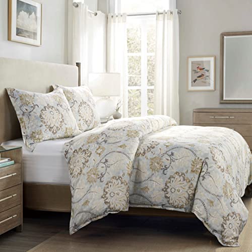 HiEnd Accents Dalia 3 Piece Linen Comforter Set, Queen Size, Light Blue Floral Bedding Set, Flower Botanical Print, Classi...