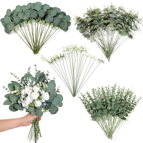 110 Pcs 7 Kinds Mixed Artificial Eucalyptus Stems and Faux Flowers,Fake Silver Dollar Eucalyptus Leaves Stems Bulk Real To...