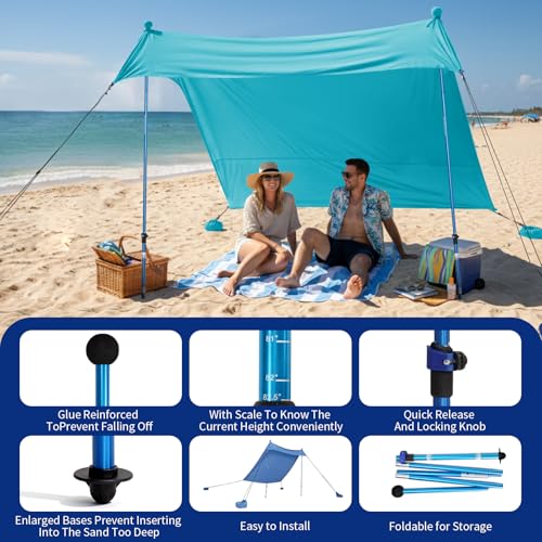 CROWN SHADES 7x7 Beach Tent Sun Shelter, Easy Pop Up Beach Canopy Shade, Portable Outdoor Carpas UPF50+, Includes 2 Poles ...