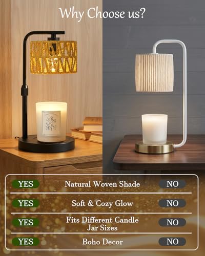 Candle Warmer Lamp, Timer Dimmable Candle Lamp, Adjustable Height and Brightness Candle Warmer, Boho Rattan Lampshade and ...