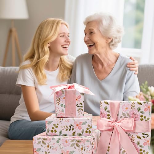 BIOBROWN Reversible Floral Wrapping Paper Roll - 17 Inches X 33 Feet (47 sq. ft. ttl.) Pink Watercolor Roses Design Flower...
