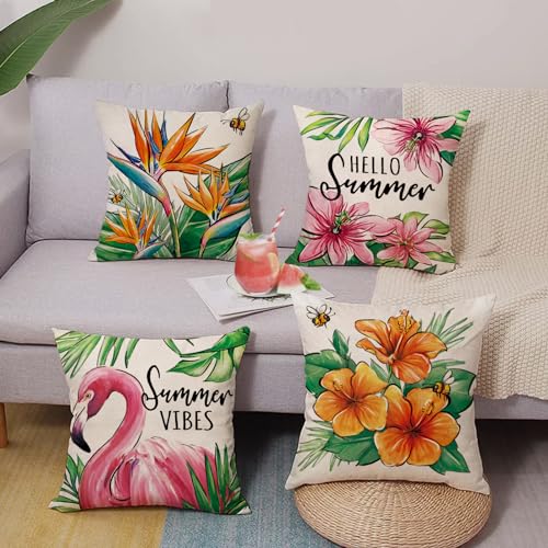 Fjfz Hello Summer Vibes Flamingo Decorative Throw Pillow Covers 16 x 16 Set of 4, Tropical Hibiscus Flower Floral Porch Ou...