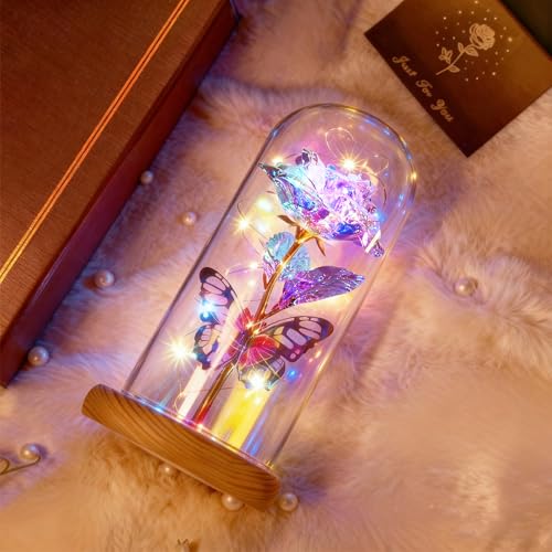 Mothers Day Rose Gifts for Mom Galaxy Glass Roses Preserved Forever Flowers for Delivery Light Up Rose in Glass Dome Anniv...
