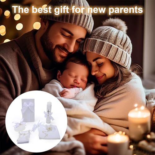Baptism Candle Set for Boys and Girls,White 5 PCS Baptism Kit Catholic Candle,Baptismal Towel,Shell,Rosary,Bible for Bapti...
