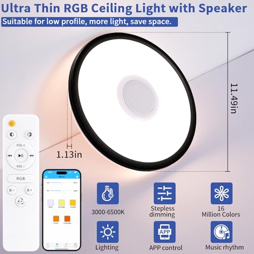 UprizeP RGB LED Ceiling Light, with Bluetooth Speaker, 24W 11Inch Smart Music Ceiling Lamp with App and Remote Control, 30...
