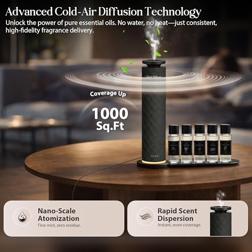 Waterless Scent Diffuser Starter Kit with 5 Oils, Luxury Hotel Style Cold Air Diffuser Oil Machine for Home, 1000 Sq Ft Co...