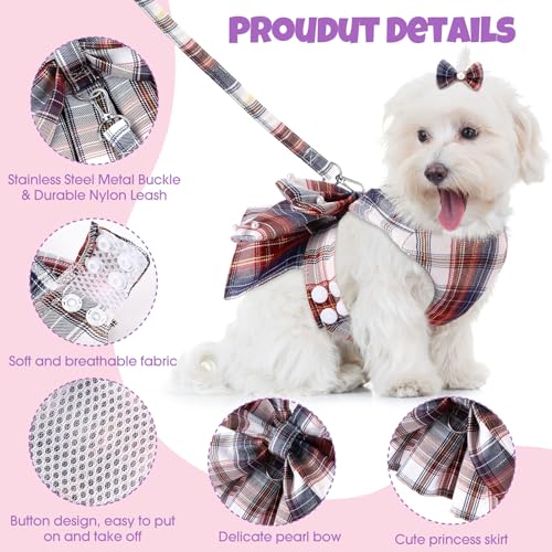 Yearntown 4 Pcs Plaid Dog Dress with Pearls Bow Tie Harness Leash Cute Puppy Dress for Small Dogs Puppy Clothes for Pet Ch...