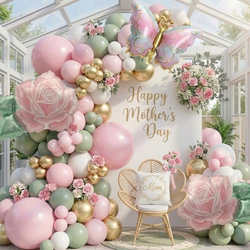Spring Flower Balloon Garland Kit - 117Pcs Green Pink Gold Arch with Flower & Butterfly Foil Balloons | Baby in Bloom, But...