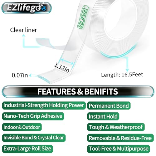 EZlifego Double Sided Tape Heavy Duty(Extra Large 16.5FT), Nano Adhesive Mounting Tape Wall Decor,Sticky Picture Hanging A...