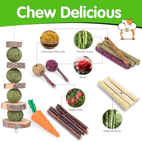 VESPRO Bunny Teys for Rabbits Hamster/Guinea Pig Toys Natural Timothy Hay Sticks chew Treats and Balls for Rabbit, Bunny, ...