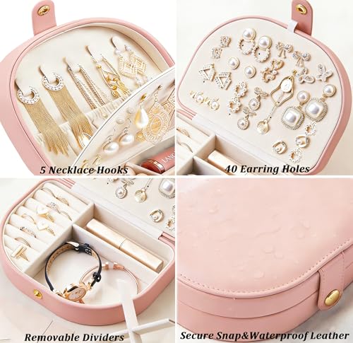 QBestry Travel Jewelry Case for Women Girls, Seashell-Shaped Small Jewelry Box with 40 Earring Holders & 5 Necklace Hooks,...