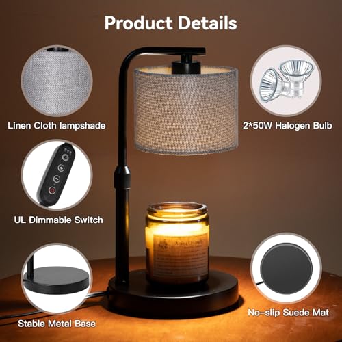 Dexnump Candle Warmer Lamp with Timer, Dimmable Candle Wax Warmer with 2 Light Bulbs, Height Adjustable Electric Candle Li...