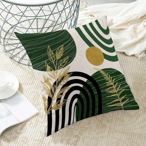 AEIOAE Boho Green Gold Pillow Covers 18x18 Set of 2 Mid Century Tropical Leaf Decorative Throw Pillow Abstract Outdoor Lin...