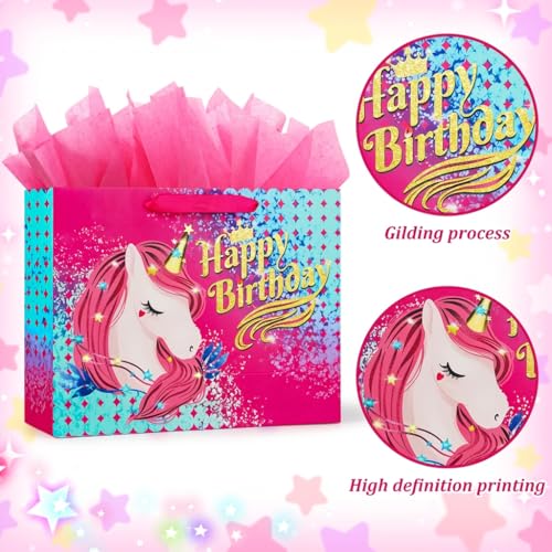 BeiLaad Unicorn Happy Birthday Gift Bag with Greeting Card and Tissue Paper, Birthday Gift Bags for Kids Girls Medium