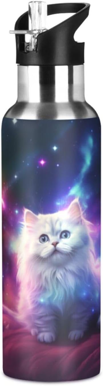 senya 20 Oz Water Bottle with Straw White Cat in The Galaxy Stainless Steel Water Bottle for Traveling Sports Leakproof In...
