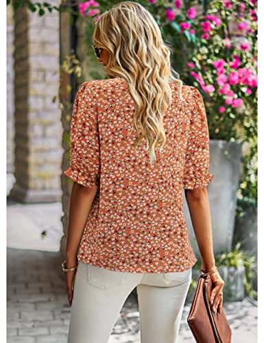 ZILIN Women's Summer Boho Floral Shirt Top Ruffle Mock Neck Puff Short Sleeve 2026 Casual Blouses