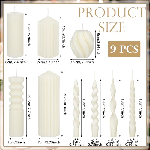 Nuanchu 9 Pcs Modern Decorative Candles Set 5 Pillar Aesthetic Ribbed Candles 4 Spiral Taper Twisted Candlesticks Scented ...